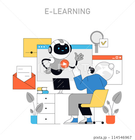 E-Learning concept. Engaging with AI for personalized online education experiences. Interactive digital platforms for skill enhancement. Vector illustration. E-Learning concept. Engaging with AI for personalized online education experiences. Interactive digital platforms for skill enhancement. Vector illustration. 114546967