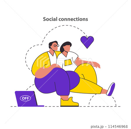 Defeating FOMO concept. Couple enjoys quality time together, disconnected from devices. Embracing real connections over online. Vector illustration. Defeating FOMO concept. Couple enjoys quality time together, disconnected from devices. Embracing real connections over online. Vector illustration. 114546968