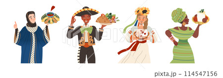 Gastronomic Tourism with People Character Holding Authentic Dish of Native Cuisine Vector Illustration Set 114547156