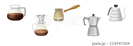 Coffee Brewing with Kettle and Jezve as Cafe Cooking Appliance Vector Set 114547204