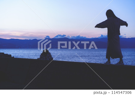 初島で夕暮れ時に海の向こうの富士山を見る人物 114547306