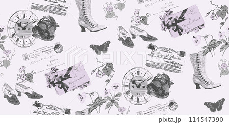 Vintage style seamless pattern with fragments of letters and flowers and butterflies 114547390