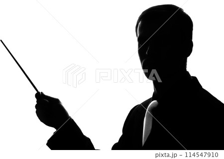 Young man in suit and tie shows pointer forward 114547910