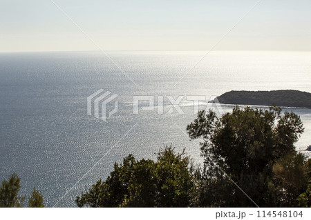 The sea surface of the Adriatic Sea. An island with green trees. View from above. Montenegro. Budva. Horizontal. 114548104