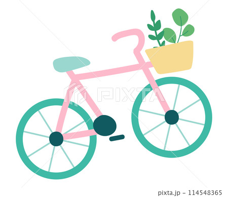 Bicycle with plants basket in flat design. Eco friendly urban transport. Vector illustration isolated. 114548365