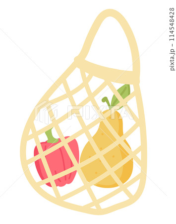 Net shop bag with fruit and vegetable in flat design. Eco package for storage. Vector illustration isolated. Net shop bag with fruit and vegetable in flat design. Eco package for storage. Vector illustration isolated. 114548428
