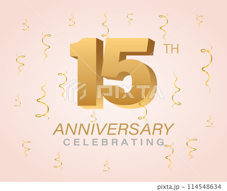 Anniversary celebration card. Gold numbers with sparkling confetti, sparkles and ribbons. Festive illustration for holiday event, wedding, greeting card and invitation. Anniversary celebration card. Gold numbers with sparkling confetti, sparkles and ribbons. Festive illustration for holiday event, wedding, greeting card and invitation. 114548634