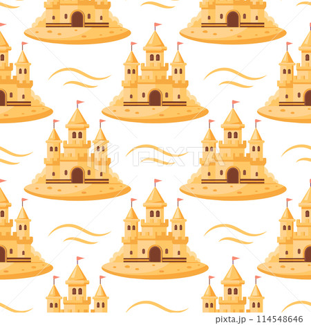 Summer sand castle seamless pattern. Sand castle in a colorful pattern on a white background. Vector 114548646