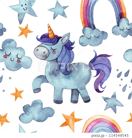 watercolor drawing, pattern for children with unicorn, rainbow, clouds. seamless print watercolor drawing, pattern for children with unicorn, rainbow, clouds. seamless print 114549545