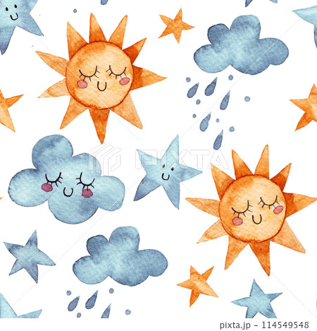 cute pattern for kids with sun, rainbow, clouds and rain. watercolor seamless print weather, characters 114549548