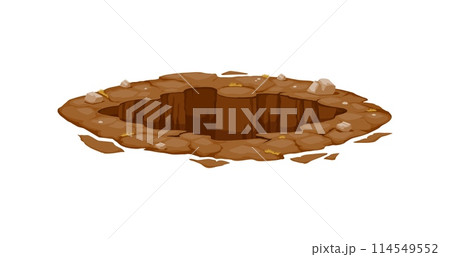 Dirty pit and burrow, deep ground hole. Isolated cartoon vector naturalistic gap surrounded by rugged brown earth, scattered rocks, and sparse vegetation, suggesting an untouched and wild terrain 114549552