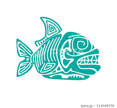 Piranha fish, Mayan Aztec totem symbol of power and survival, resilience and adaptability in the face of challenge. Isolated vector blue sign with ethnic ornament, dangerous toothy fish with sharp fin Piranha fish, Mayan Aztec totem symbol of power and survival, resilience and adaptability in the face of challenge. Isolated vector blue sign with ethnic ornament, dangerous toothy fish with sharp fin 114549579