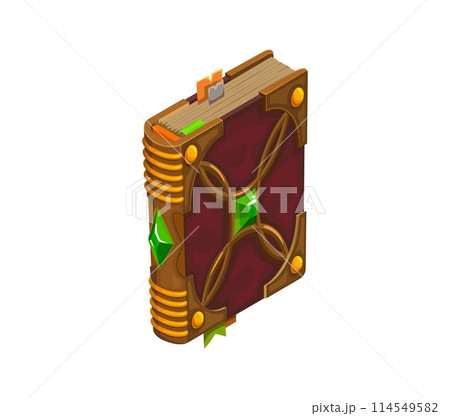 Game book, isolated cartoon vector tome bound in ancient leather, its cover decorated with precious gems, bookmark sticking between pages. Old spell book, fantasy fairytale or medieval game grimoire Game book, isolated cartoon vector tome bound in ancient leather, its cover decorated with precious gems, bookmark sticking between pages. Old spell book, fantasy fairytale or medieval game grimoire 114549582