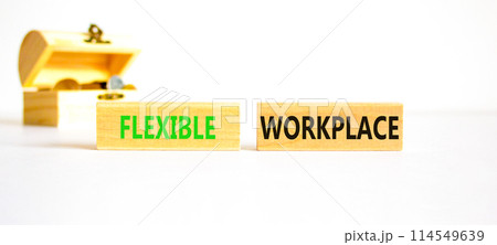 Flexible workplace symbol. Concept words Flexible workplace on beautiful wooden block. Beautiful white paper background. Wooden chest with coins. Business Flexible workplace concept. Copy space. Flexible workplace symbol. Concept words Flexible workplace on beautiful wooden block. Beautiful white paper background. Wooden chest with coins. Business Flexible workplace concept. Copy space. 114549639