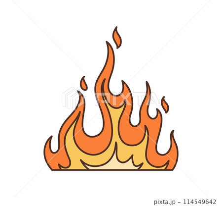 Retro groovy fire flames burning, hippie cartoon symbol of 70s art, isolated vector. Groovy fire burn with sizzling flames, hippie or hipster style art element for t-shirt print or sticker design 114549642