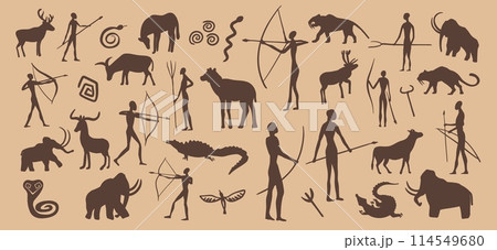 Prehistoric stone drawing, cave painting. Vector ancient primitive caveman sketches, petroglyph symbols of human hunters with spears and bows, animals, snakes or birds. ornaments on rock cave wall 114549680