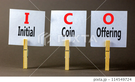 ICO initial coin offering symbol. Concept words ICO initial coin offering on beautiful white paper. Beautiful grey background. Business ICO initial coin offering concept. Copy space. ICO initial coin offering symbol. Concept words ICO initial coin offering on beautiful white paper. Beautiful grey background. Business ICO initial coin offering concept. Copy space. 114549724