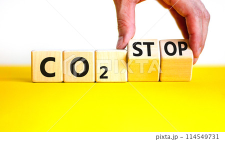 CO2 stop symbol. Concept word CO2 or CO2 stop on a beautiful wooden cubes. Beautiful yellow table white background. Businessman hand. Business ecological and CO2 stop concept. Copy space. CO2 stop symbol. Concept word CO2 or CO2 stop on a beautiful wooden cubes. Beautiful yellow table white background. Businessman hand. Business ecological and CO2 stop concept. Copy space. 114549731