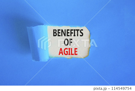 Benefits of agile symbol. Concept words Benefits of agile on beautiful white paper. Beautiful blue paper background. Business benefits of agile concept. Copy space. Benefits of agile symbol. Concept words Benefits of agile on beautiful white paper. Beautiful blue paper background. Business benefits of agile concept. Copy space. 114549754