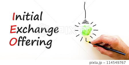 IEO initial exchange offering symbol. Concept words IEO initial exchange offering on beautiful white paper. Beautiful white background. Business IEO initial exchange offering concept. Copy space. IEO initial exchange offering symbol. Concept words IEO initial exchange offering on beautiful white paper. Beautiful white background. Business IEO initial exchange offering concept. Copy space. 114549767