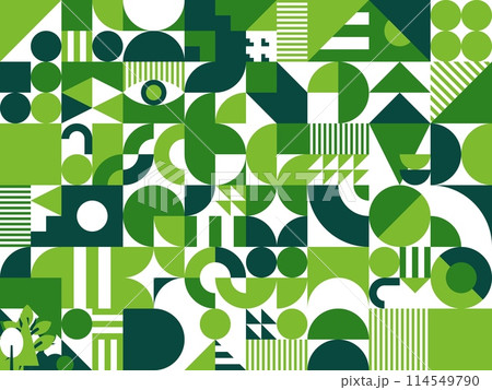 Fresh green abstract modern geometric pattern. Artwork geometrical shape vector print. Corporate identity design vintage layout, brutalism collage pattern with green and white abstract shapes Fresh green abstract modern geometric pattern. Artwork geometrical shape vector print. Corporate identity design vintage layout, brutalism collage pattern with green and white abstract shapes 114549790