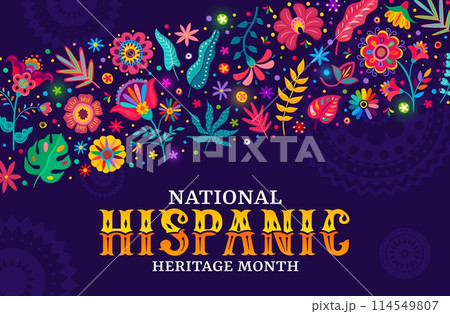 National Hispanic heritage month banner with tropical flowers ornament pattern, vector background. Hispanic Americans culture holiday or festival of tradition and art with ethnic floral ornament 114549807