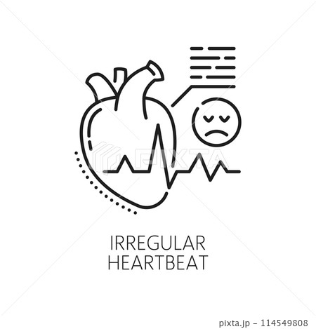 Irregular heartbeat anemia symptom line icon of hematology, physical disease, medicine science. Vector outline heart with arrhythmia heartbeat rate, tachycardia or bradycardia beat isolated sign 114549808