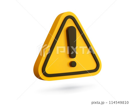 3d alert sign, caution icon, attention mark. Isolated vector yellow triangle with exclamation mark. Danger warning, reminder, emergency hazard notification symbol. 3d alert notice, warning message 114549810