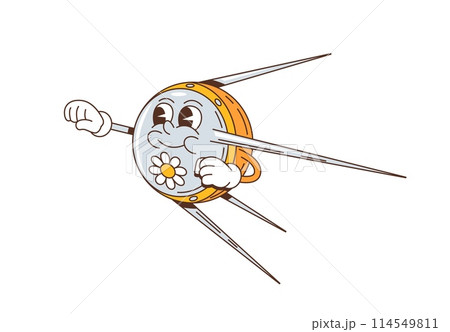 Cartoon groovy space satellite character. Isolated vector lively personage flying, stretches its limb enthusiastically, evoking sense of vintage charm during orbiting the planet and galaxy expedition 114549811