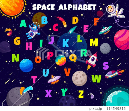 Kid space alphabet with rockets, UFO, kid astronaut and alien. English ABC figures and numbers, font typeset vector letters and digits with funny characters, spaceship and solar system planets 114549813