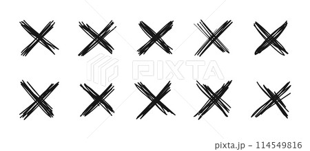 X scribble mark. Isolated vector monochrome cross symbols set. Doodle x shapes used to represent mistake, cancellation or informal annotation in sketches, notes or drawings. Black scribble crosses X scribble mark. Isolated vector monochrome cross symbols set. Doodle x shapes used to represent mistake, cancellation or informal annotation in sketches, notes or drawings. Black scribble crosses 114549816