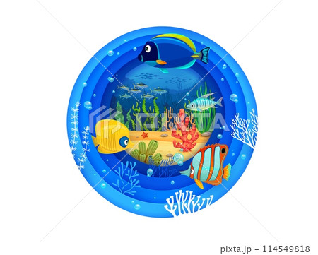 Underwater landscape paper cut banner with cartoon tropical fishes. 3d vector vibrant, circular frame in a papercut style with coral reef, marine life and plants, framed by a blue border with bubbles 114549818