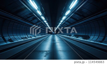 Abstract underground illuminated empty technical tunnel, wide angle, metallic dark blue color. 114549863