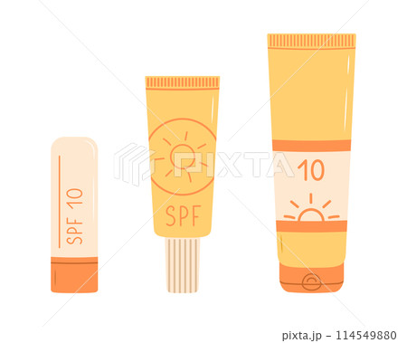 Sunscreen cream set. SPF 10. Protection from solar ultraviolet light. Flat vector illustration isolated on white background Sunscreen cream set. SPF 10. Protection from solar ultraviolet light. Flat vector illustration isolated on white background 114549880
