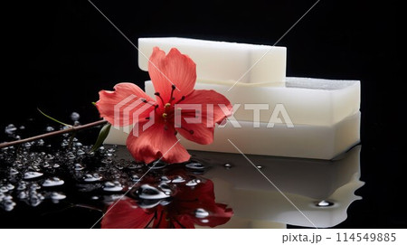 Pieces of white natural soap with water drops and red flower on a black glossy surface, close-up, selective focus. 114549885