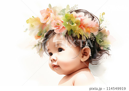 Watercolor of baby wearing flower's crown on white background by Generative AI Watercolor of baby wearing flower's crown on white background by Generative AI 114549919