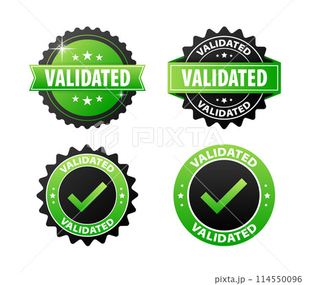 Validated stickers, green and black label on white background 114550096