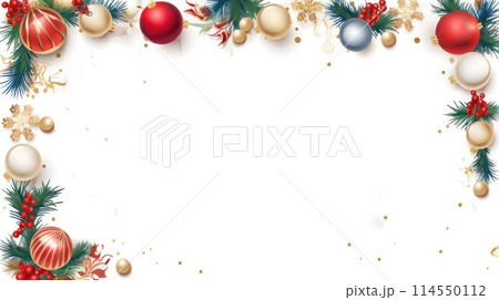 Christmas decorative frame with multicolor balls, holly berries, spruce needles and glitters on white background, copy space. Christmas decorative frame with multicolor balls, holly berries, spruce needles and glitters on white background, copy space. 114550112