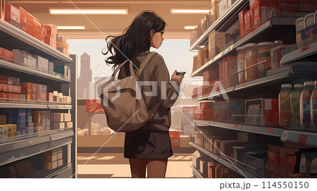 Illustration of a young woman shopping in a grocery store. 114550150