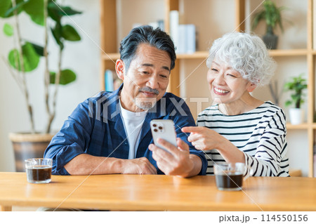 一緒にスマホを見ているシニア夫婦。 一緒にスマホを見ているシニア夫婦。 114550156