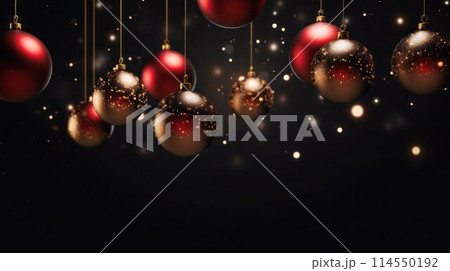 Garland of red and gold shiny Christmas balls on black background with sequins and lights, copy space. Garland of red and gold shiny Christmas balls on black background with sequins and lights, copy space. 114550192