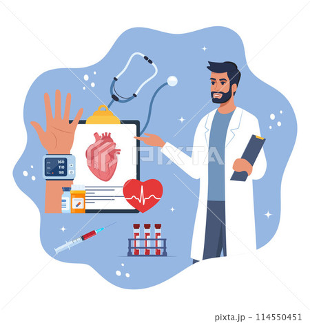 Medical examination and cardiology checkup. Tonometer. Measuring high blood pressure, test tubes, syringe, patient medical card, medications, syringe, heart. Medical examination and cardiology checkup. Tonometer. Measuring high blood pressure, test tubes, syringe, patient medical card, medications, syringe, heart. 114550451