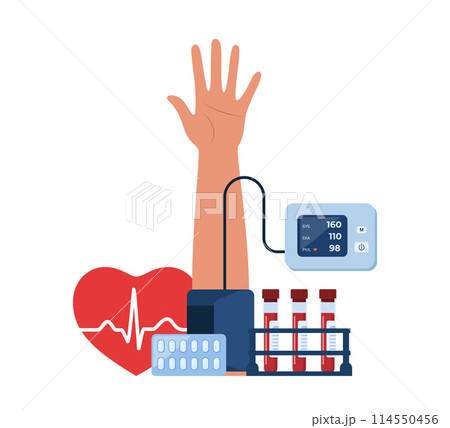 Medical examination and cardiology checkup. Tonometer. Measuring high blood pressure, test tubes, syringe, patient medical card, medications, syringe, heart. Medical examination and cardiology checkup. Tonometer. Measuring high blood pressure, test tubes, syringe, patient medical card, medications, syringe, heart. 114550456
