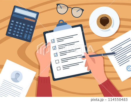 Hands on the table. A businessman writes a project plan, clipboard with checklist, followed by documents and coffee. Hands on the table. A businessman writes a project plan, clipboard with checklist, followed by documents and coffee. 114550483