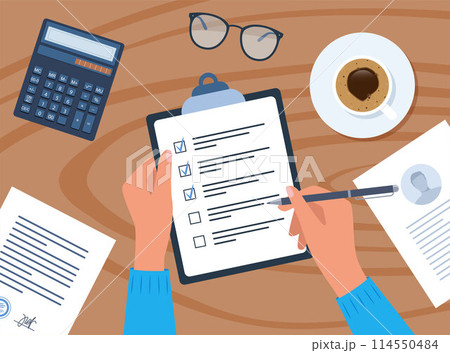 Hands on the table. A businessman writes a project plan, clipboard with checklist, followed by documents and coffee. Hands on the table. A businessman writes a project plan, clipboard with checklist, followed by documents and coffee. 114550484
