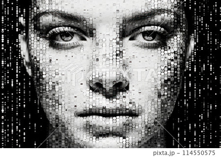 Mosaic Portrait of a Woman Created With Pixelated Detail in Monochrome 114550575
