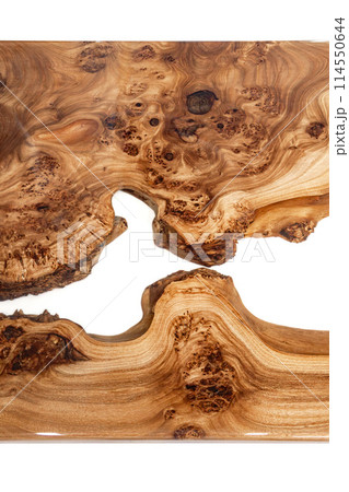Live edge elm burl slab table top with central epoxy resin river 114550644