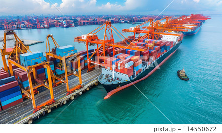 Logistics, container Cargo ship transportation with working crane bridge in deep sea port for import export. Logistics, container Cargo ship transportation with working crane bridge in deep sea port for import export. 114550672