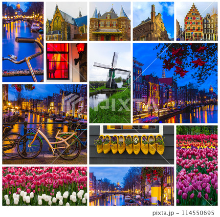 Amsterdam city photo collage. Landmark travel photos postcard from Amsterdam, Netherlands. 114550695