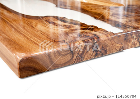 Live edge elm burl slab table top with central epoxy resin river 114550704
